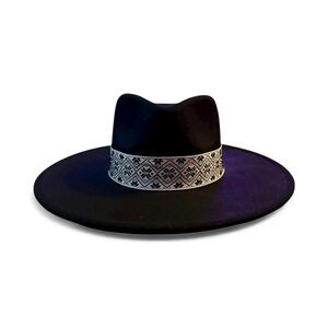 Black Wide-Brim Rancher Hat with Patterned Band